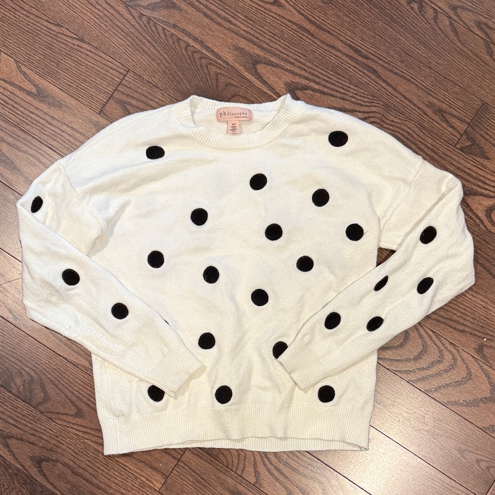 Philosophy White Sweater with Black Polka Dots